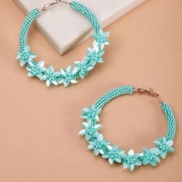 Priyaasi Gold-Plated Blue Beaded Floral Pattern Hoop Earrings-34