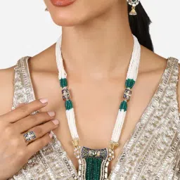 Zaveri Pearls Green Crystals Blue Meenakari Kundan Multistrand Necklace Earring & Ring Set-ZPFK17138-image-60
