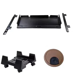 Implemental Keyboard Tray with Channel, CPU Trolley and Cable Manager Brown Combo Metal and ABS Black & Brown (Set of 3)-36