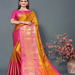 APNISHA Yellow & Pink Silk Woven Saree With Unstitched Blouse-image-7