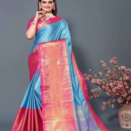 APNISHA Blue & Pink Silk Woven Saree With Unstitched Blouse-picture-22