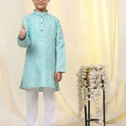 Pro-Ethic Style Developer Boys Firozi Cotton Printed Full Sleeves Self Design Kurta Sets-23