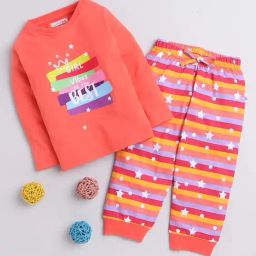 Bumzee Kids Coral & Yellow Cotton Printed Full Sleeves T-Shirt Set-image-57