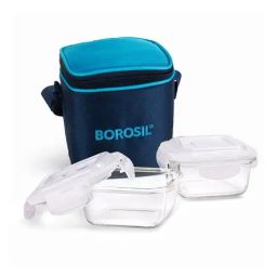 Borosil ?Blue ?Glass Leak Proof Lunch Box with Bag - Set of 2 (320 ml)-21