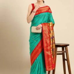 Varkala Silk Sarees Sea Green & Red Woven Saree With Unstitched Blouse-44