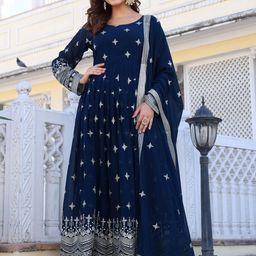 KALINI Embroidered Round Neck Ethinc Dress With Dupatta-image-78