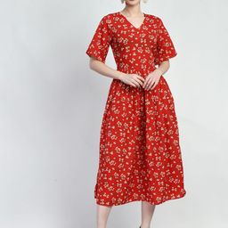 AGARU Women Floral Printed V-Neck Midi Fit & Flare Dress-image-58
