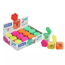 Doms 3HX Multi Color Plastic 3 in 1 Pencil Sharpener (Pack of 1 Box)-24