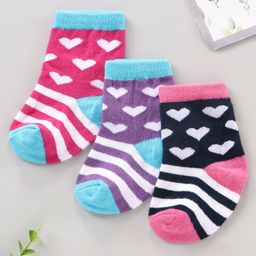 Cute Walk by Babyhug Anti Bacterial Ankle Length Striped Socks Heart Design Pack of 3 - Multicolor-picture-26