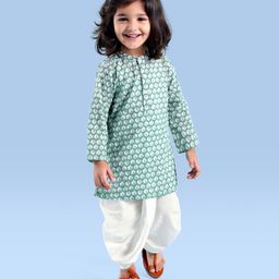 Babyhug 100% Cambric Full Sleeve Printed Kurta With Solid Dhoti Set - Light Green-image-67
