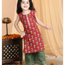 Kinder Kids Sleeveless Floral Motif Printed & Striped Designed Kurta With Palazzo Pant - Red & Green-image-42