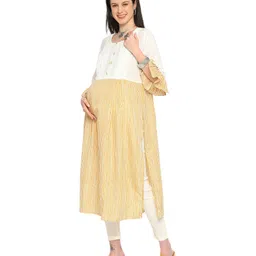 Mom for sure by Ketki Dalal Three Fourth Bell Sleeves Abstract Striped Maternity Kurta With Concealed Zipper Nursing Access - Mustard Yellow-picture-21