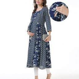 Bella Mama Three Fourth Sleeves Floral Printed Overlapped Maternity Kurta With Pocket - Blue-picture-18