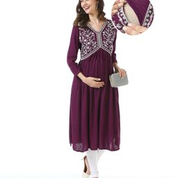Bella Mama Woven Embroidered Yoke Three Fourth Sleeves Maternity Kurta With Pocket - Wine-picture-22