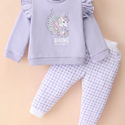 ToffyHouse 100% Cotton Knit Full Sleeves Frill Detailed Top & Lounge Pants Set With Checks & Unicorn Print - Lilac-image-25