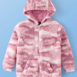 Pine Kids Woven Full Sleeves Hooded Fur Sweatjacket with Kangaroo Pockets Camouflage Print - Pink-image-3