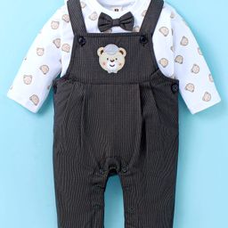 ToffyHouse Interlock Knit Full Sleeves Bear Printed T-Shirt & Dungaree with Patch - Charcoal Grey-image-29