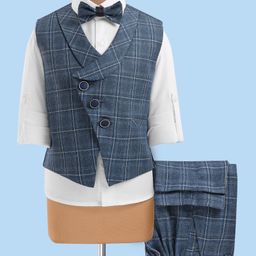 Rikidoos Full Sleeves Solid Shirt With Checked Waistcoat Pant & Bow Set - Blue & White-image-60