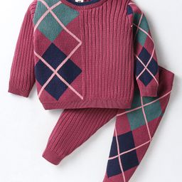 ToffyHouse Knitted Full Sleeves Winter Wear Suits with Color Block Design - Maroon-image-2
