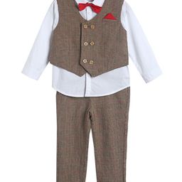 MINI KLUB Cotton Full Sleeves Solid Shirt With Checked Waistcoat Pant & Bow Set - Brown-picture-3