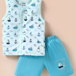 CUCUMBER Sinker Knit Sleeveless Shorts Night Suit with Boat Print - Light Blue-image-99