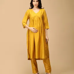 The Mom Store Silk Three Fourth Sleeves Zipper Nursing Access Solid Maternity Kurta With Coordinating Pant Set - Yellow-picture-23