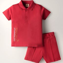 Zero Sinker Knit Half Sleeves Polo T-Shirt & Shorts Set with Space Explorer Print - Maroon-image-45