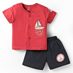 CUCUMBER Sinker Knit Half Sleeves Shorts Night Suit with Nautical Theme Print - Red-image-98