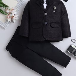Fourfolds Full Sleeves Abstract Foil Printed 3 Piece Party Suit Set With Bow - Black-image-43