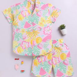 Clt.s Cotton Woven Half Sleeves Floral & Fruits Printed Coordinating Night Suit Set - Pink-image-90