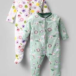 OHMS Single Jersey Knit Full Sleeves Footed Sleep Suit With Floral & Animal Print Pack Of 2 - White & Light Green-image-33
