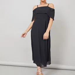 Miss Chase Women Solid Off-Shoulder Cold-Shoulder Georgette Fit & Flare Midi Dress-image-82