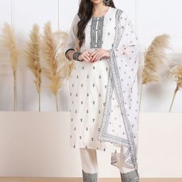 Moda Rapido Floral Embroidered Thread Work Straight Kurta With Trousers And Dupatta-27