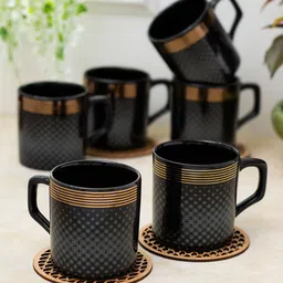CLAY CRAFT Black 6 Pieces Printed Ceramic Glossy Mugs 220 ML Each-31