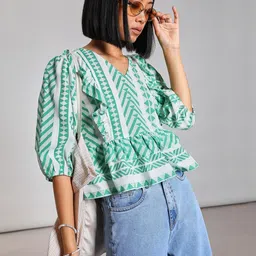 LIMEROAD Geometric Printed V-Neck Puff Sleeve Cotton Top-image-3