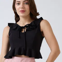 SZN Tie-Up Neck Peplum Crop Top-picture-10