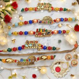 MEIRA JEWELLERY Set Of 5 Stone-Studded & Beaded Rakhi With Greeting Card Gift Set-picture-5