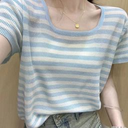 KPOP Women Striped Square Neck Short Sleeves Top-image-88