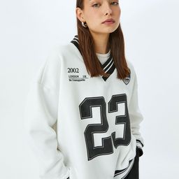 Koton Women Typography Printed V-Neck Pullover Sweatshirt-image-40