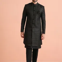KISAH Men Chevron Regular Fit Self Design Kurta with Indowestern Sherwani Trouser Set-picture-18
