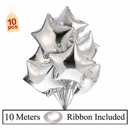 Amfin 18 Inches Star Shaped Foil Balloons with Ribbon Silver - Pack of 11-image-20