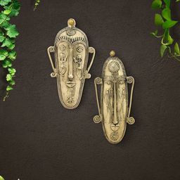 Imli Street Gold toned 2 Pieces Tribal Mask Wall Hanging Plates-image-74