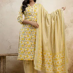 RANGREAL Floral Printed V Neck Pure Cotton Kurta With Trousers & Dupatta-picture-47