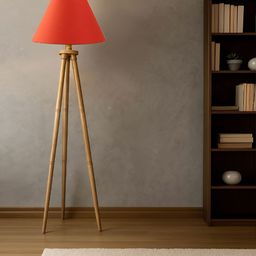 Devansh Orange Cotton Drum Shade Lamp with Wooden Tripod-picture-0