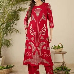 Indo Era Ethnic Motifs Printed Round Neck Beads & Stones Straight Kurta With Palazzos-40