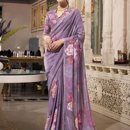 MADHAVPRIYA Floral Print Pure Georgette Tussar Saree with Pearls Lace Border-picture-29