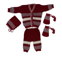 Cute Collection Unisex Kids Maroon Striped Woolen Sweater With Pajama, Cap & Pair of Socks-image-74