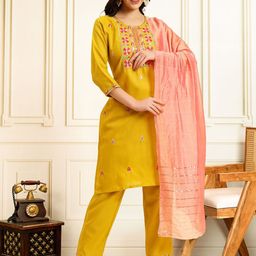 House of Pataudi Floral Embroidered Straight Kurta With Trousers & Dupatta-image-92