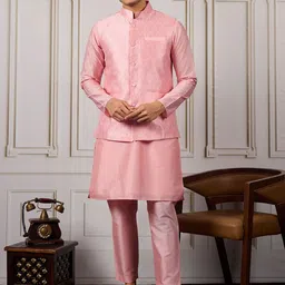 House of Pataudi Ethnic Woven Design Kurta & Trousers With Nehru Jacket-image-99