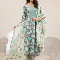 Libas Floral Printed Thread Work Round Neck Straight Kurta With Trousers & Dupatta-27
